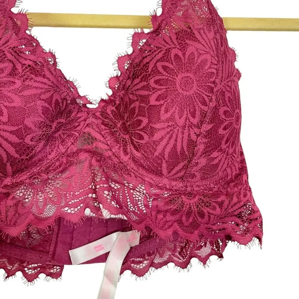 VICTORIA'S SECRET Pink Lace Floral Halter Lightly Lined BRALETTE Bra Underwire S